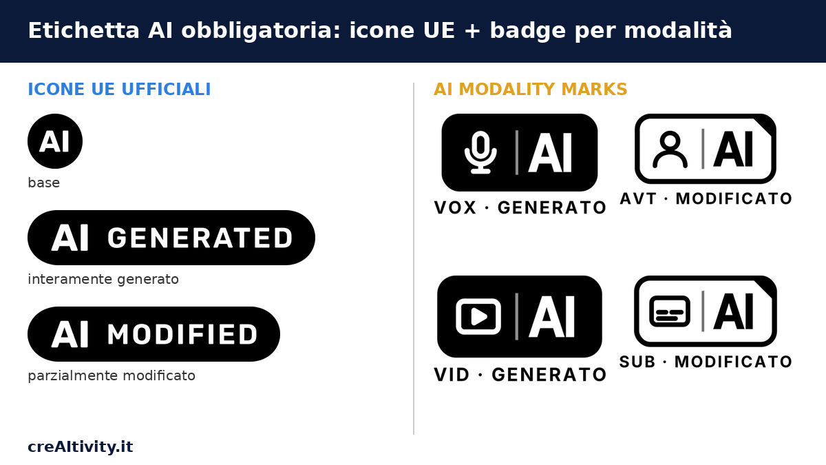 Etichetta AI obbligatoria: le 3 icone UE ufficiali e i badge per modalità voce, video e avatar