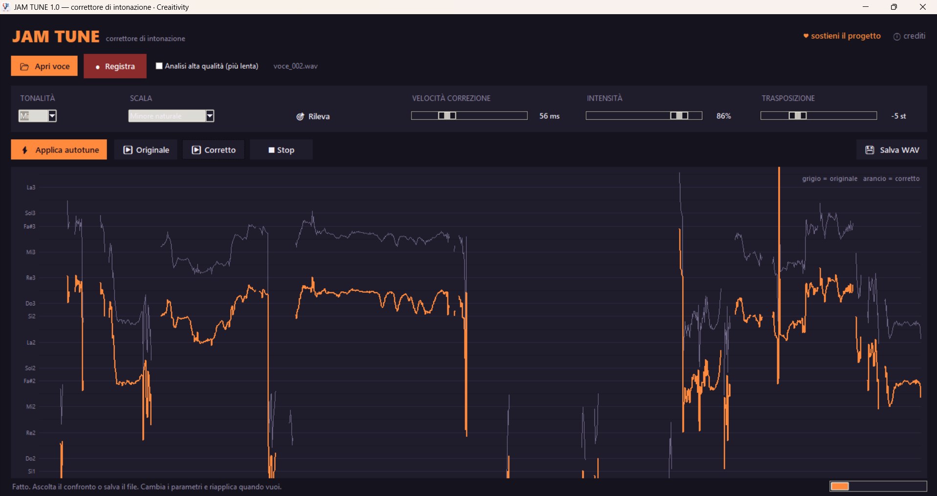 JAM TUNE autotune gratuito: grafico dell'intonazione originale in grigio e corretta in arancio